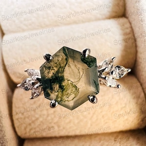 Moss Agate Ring: Hexagon Cut Sterling Silver Solitaire, CZ Accents