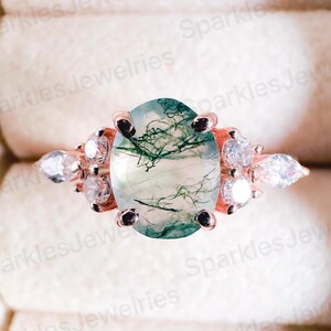 Oval Cut Moss Agate Ring 925 Sterling Silver Ring Moss Agate Engagement Ring Nature Inspired Ring Anniversary Gift