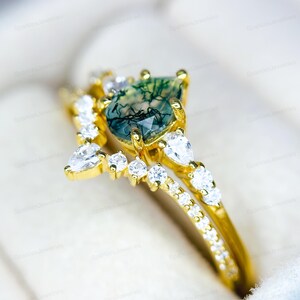 Moss Agate Engagement Ring Set: Vintage 14k Gold & Sterling Silver
