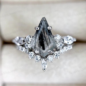 Vintage Black Rutilated Quartz Engagement Ring: 14k Gold Kite Cut Moissanite Bridal Set