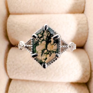 Hexagon Moss Agate Ring: Sterling Silver Stacking Ring