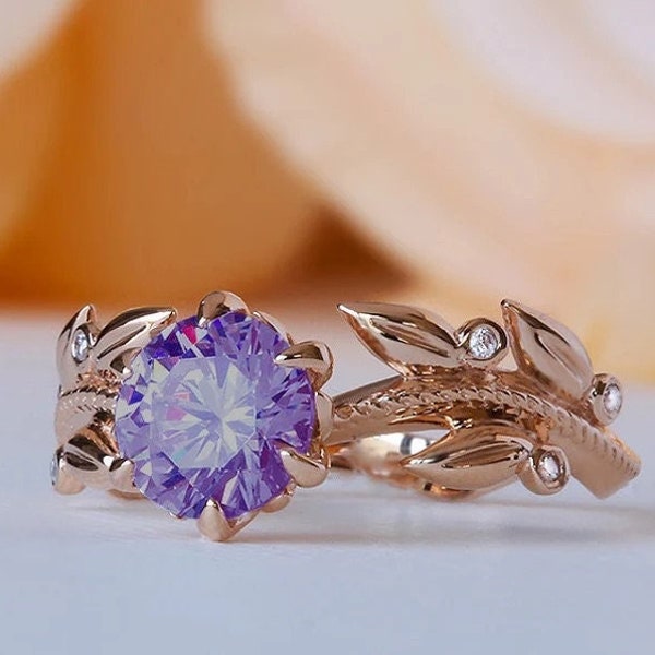 Natural Amethyst Engagement Ring for women Engagement Ring Nature Inspired Leaf Ring Alternative Gemstone Ring Promise ring for her