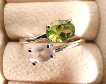Peridot and Rose Quartz Ring: Sterling Silver Oval Gemstone Ring