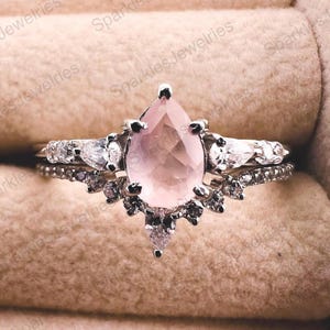 Natural Rose Quartz Ring - 925 Sterling Silver Ring - Gold Ring - Rose Quartz Jewelry - Handmade Silver -Jewelry Rose Quartz 2 Pcs Set
