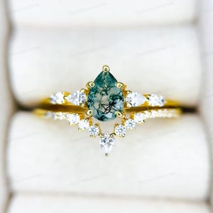 Pear Moss Agate Engagement Ring Set: Handmade Gold Cubic Zirconia Bridal Set