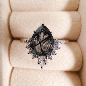 Pear shaped Black Rutilated Quartz engagement ring vintage White Gold engagement ring Diamond Bridal Anniversary gift for women