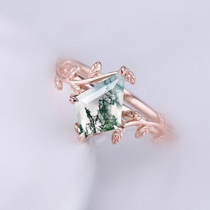Vintage kite cut green moss agate Ring, Leaf twig branch Ring, engagement ring 14k rose Gold ring for women unique bridal wedding ring