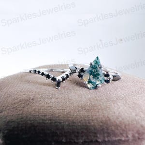 Moss Agate Ring Set: Sterling Silver & Black Onyx, Nature Inspired