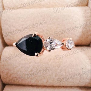 Pear Cut Black Onyx Engagement Ring: Rose Gold Art Deco Sterling Silver Band