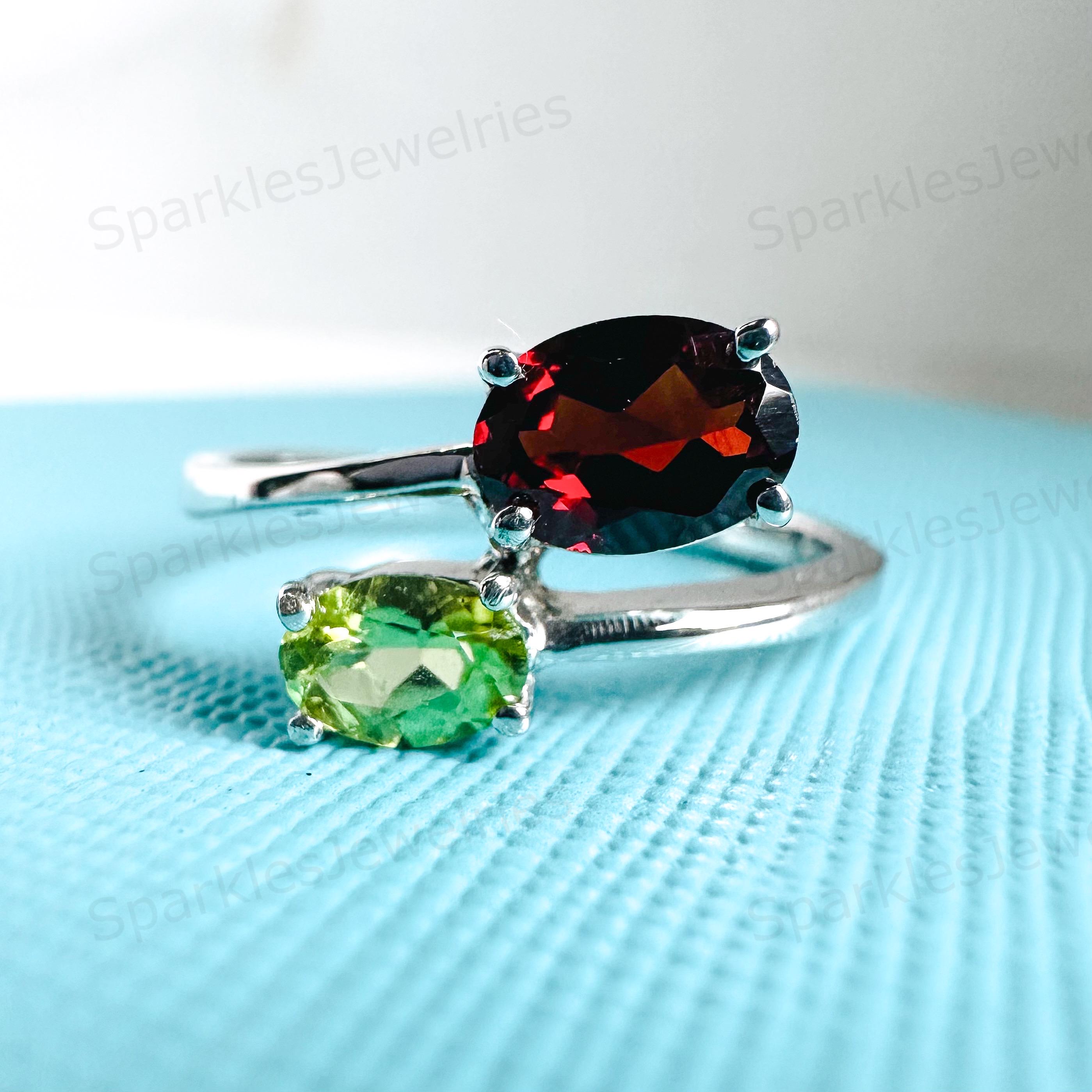 Bague Ancienne Design Art Déco - Pérídot & Grenat Sur Argent Massif/vermeil, Forme Florale