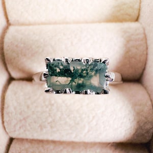 Baguette cut moss agate ring vintage green moss agate engagement ring art deco unique engagement ring Christmas gift ring