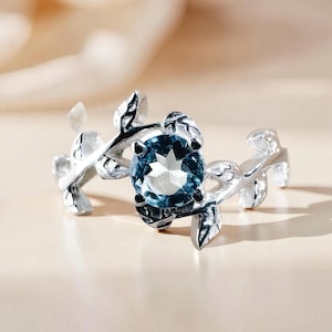 Aquamarine Leaf Ring: 925 Sterling Silver Fairy Promise Ring