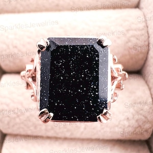 Blue Sandstone Engagement Ring: 14K Rose Gold Art Deco Galaxy Ring
