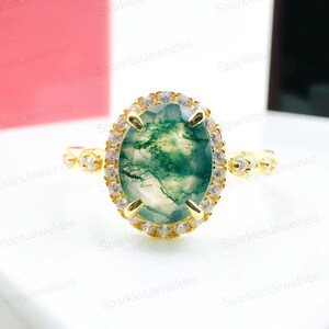 Oval Moss Agate Engagement Ring: Vintage Moissanite, Yellow Gold Cluster