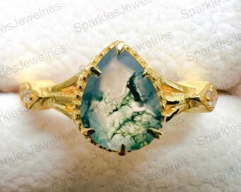 Moss Agate Engagement Ring, Moss Agate 14k gold Plated Art Deco unique wedding Ring,Green Gemstone promise Anniversary ring, Gift For Her