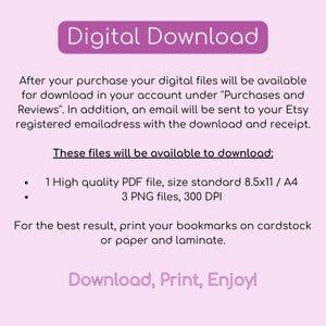 K&ouml;nnte beinhalten: Grafik zum digitalen Download auf hellrosa Hintergrund. Der Text "Digital Download" befindet sich in einem lila Banner. Der Text beschreibt den Download-Prozess, einschlie&szlig;lich Dateitypen und Druckempfehlungen. Der Text enth&auml;lt "Download, Print, Enjoy!"
