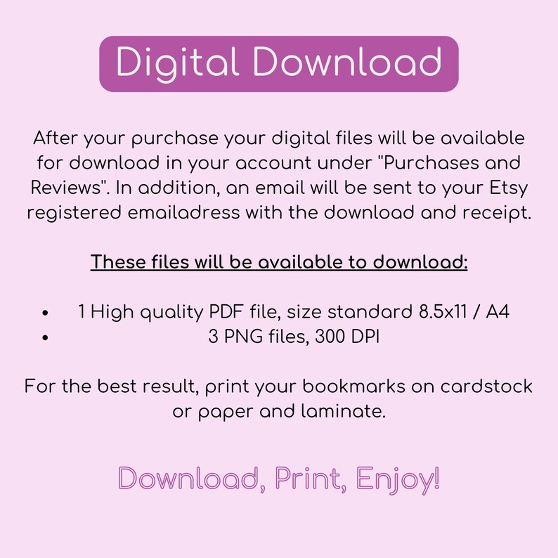 K&ouml;nnte beinhalten: Grafik zum digitalen Download auf hellrosa Hintergrund. Der Text "Digital Download" befindet sich in einem lila Banner. Der Text beschreibt den Download-Prozess, einschlie&szlig;lich Dateitypen und Druckempfehlungen. Der Text enth&auml;lt "Download, Print, Enjoy!"