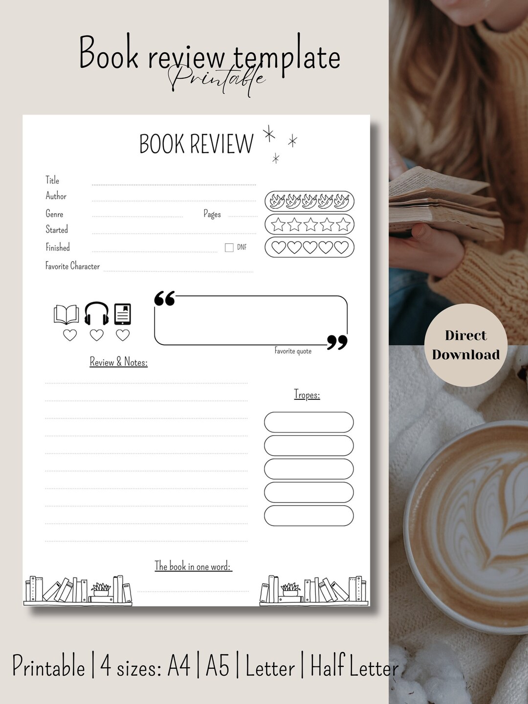 Book Review Template A4 A5 Half Letter Letter Printable - Etsy Australia