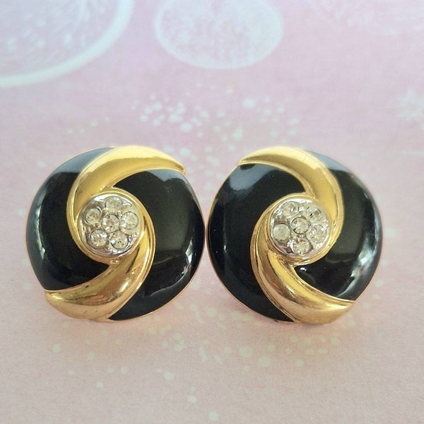 Vintage clip on earrings in black and gold tones with zircon retro jewelry from 1980s