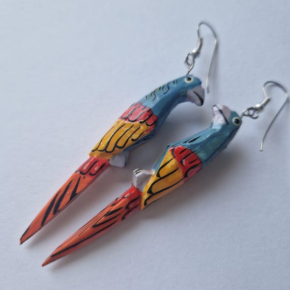 Vintage Color Parrot Wooden French Dangle Earrings 1980s Retro