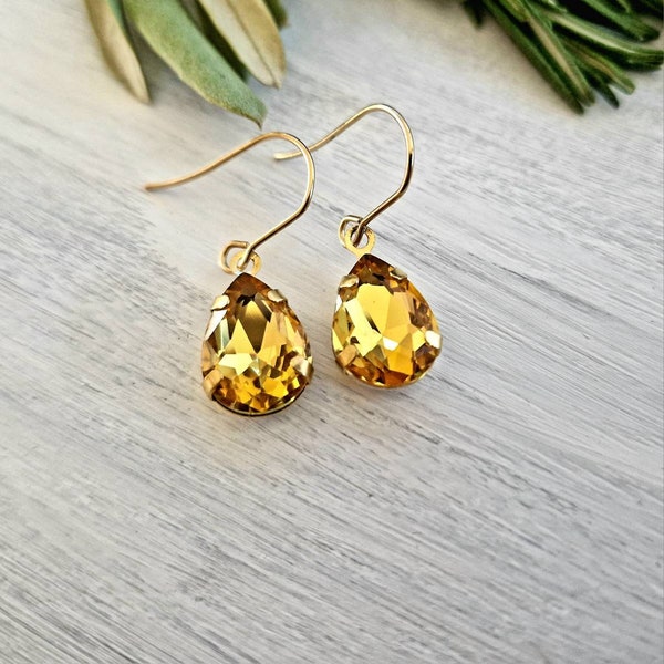 Bridesmaids Earrings, Citrine color crystal, Bridal gold earrings, Wedding dangle earrings, Party Jewelry, Bridesmaids gifts