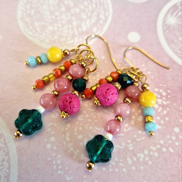 Colorful dangle earrings statement bright and emerald green beads dangly earrings best friends handmade jewelry gift for her girl hippie