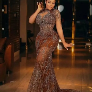 Bronze lace dress, Bridesmaid Dress, Wedding guest, Mermaid Dress, Lace style, Owambe, Aso ebi dress, Women Dress, Prom dress, Evening dress