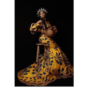 Ankara maternity 2 piece set, puffy sleeve top, fit and flare skirt African Maternity Outfit, Baby shower Dress, Pregnancy photoshoot set