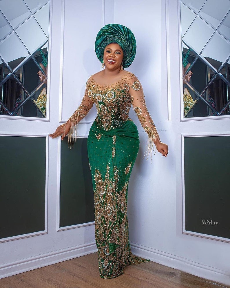 African Couple Traditional Wedding Outfit Green George Dress Luxurious George Dress Lace Style Royal Clothing Igbo Bride Attire Etsy