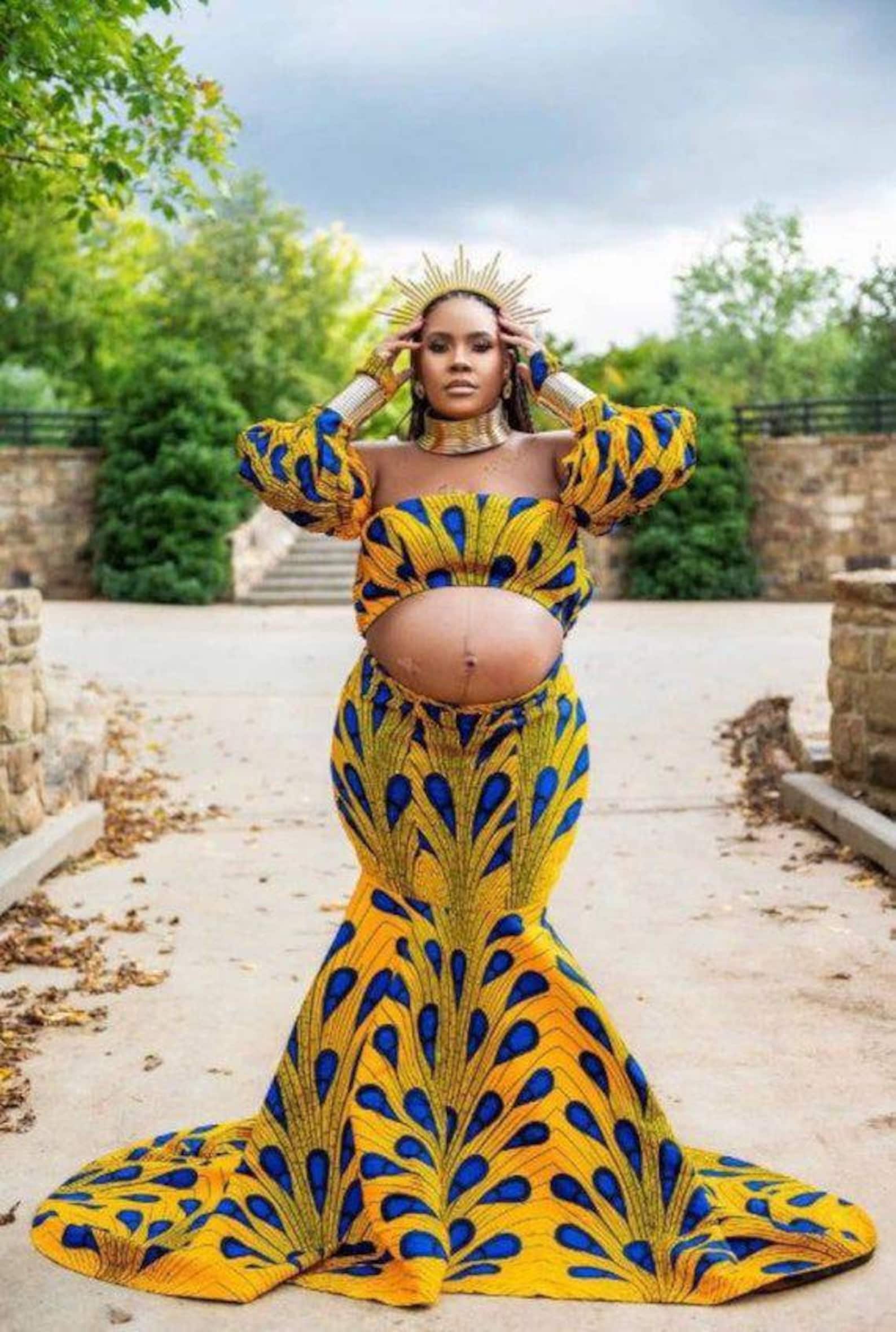 Ankara Maternity 2 Piece Set, Puffy Sleeve Top, Fit and Flare Skirt — free download