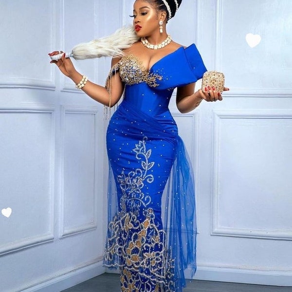 African couple traditional wedding outfit, Blue George Dress, luxurious George Dress, Lace style, Royal clothing, Igbo bride attire