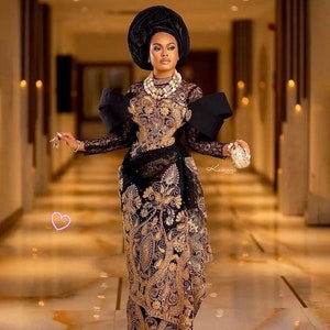 Black George Dress, luxury George, Lace style, Dress with train, Igbo bride, Igbo traditional wedding, African couple traditional wedding
