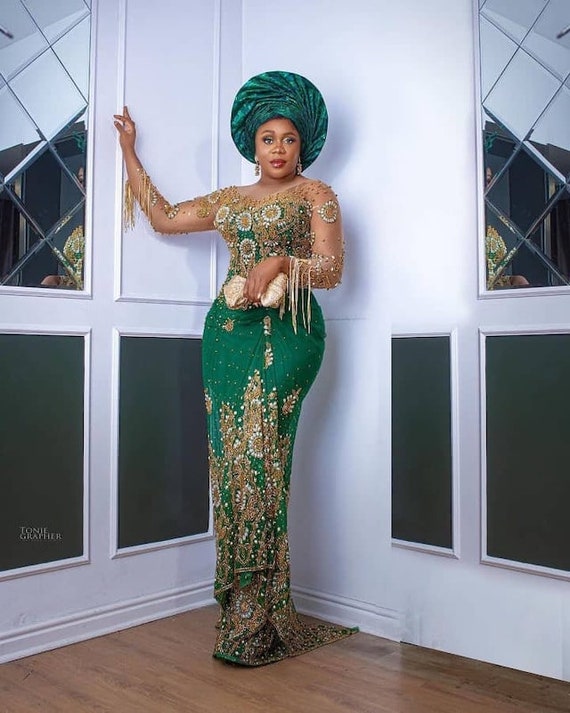 African Couple Traditional Wedding Outfit Green George Dress Luxurious George Dress Lace Style Royal Clothing Igbo Bride Attire Etsy Canada