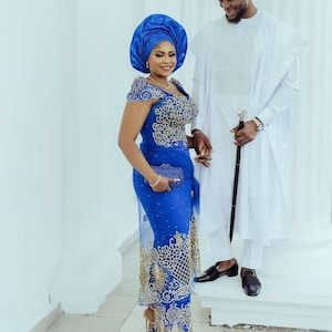 Igbo Couple outfit, paar bijpassende set, Afrikaanse paar traditionele bruiloft outfit, luxe George Dress, Igbo bruid kledij, igba nkwu set
