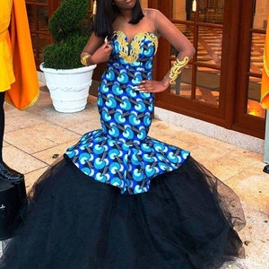 African print dress with tulle, Ankara dress, African prom dresses, African clothing, African mermaid dress, African wedding dress Ankara wa