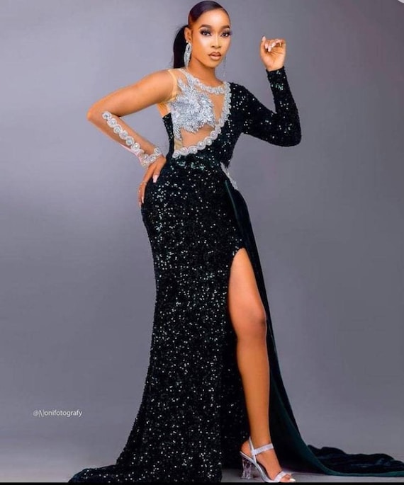 Robe De Soirée Femme Noire à Paillettes Et Perles Sur Dentelle - Taille S - Style Bodycon