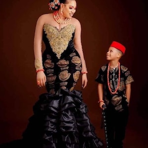Black isiagu dress, Igbo traditional attire, igbankwu attire, African fashion style, African bridal dress, isiagu matching set, Igbo wedding