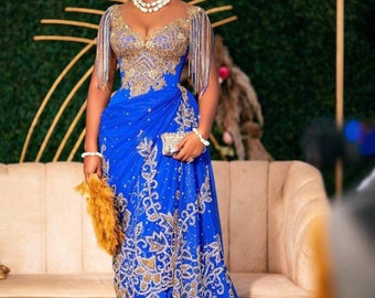 African couple traditional wedding outfit, Royal blue George Dress, luxurious George Dress, Lace style, Dress with train, Igbo bride attire