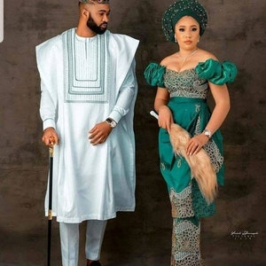 Igbo Paar outfit, paar bijpassende set, Afrikaanse paar traditionele bruiloft outfit, luxe George Dress, Igbo bruid kleding, igba nkwu set