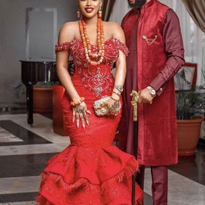 Igbo Couple outfit, couple matching set, African couple traditional wedding outfit, luxurious George Dress,Igbo bride attire, igba nkwu set