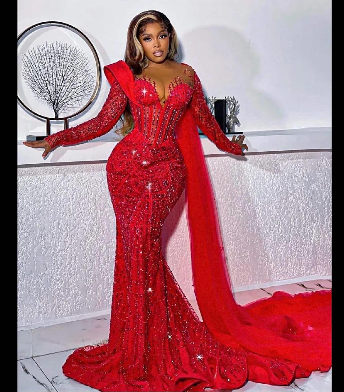 chinese dress ladies Chic Red Fitted Evening Formal Dress with Long Sleeve 42