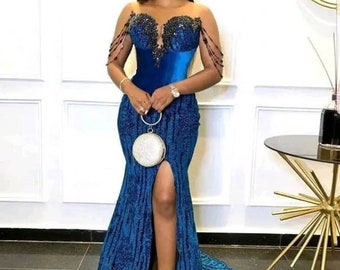 Vestido de renda azul, vestido de dama de honra, convidada de casamento, vestido sereia, vestido Aline, Owambe, vestido Asoebi, vestido feminino, vestido de baile, vestido de noite