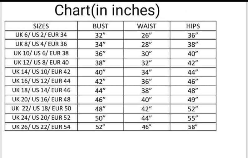 May include: A size chart for clothing in inches. The chart shows UK, US, and European sizes, along with bust, waist, and hip measurements.