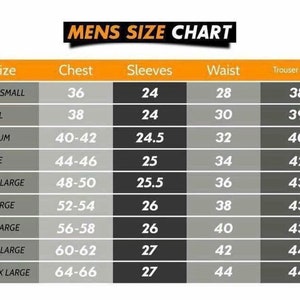 May include: A size chart for men's clothing with columns for size, chest, sleeves, waist, and trouser length. The chart shows measurements in inches.