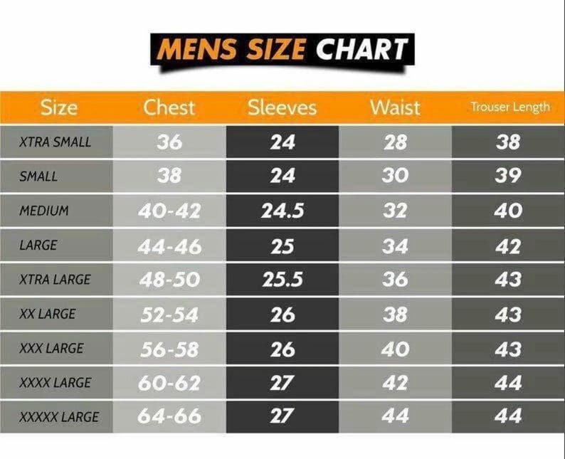 May include: A size chart for men's clothing with columns for size, chest, sleeves, waist, and trouser length. The chart shows measurements in inches.