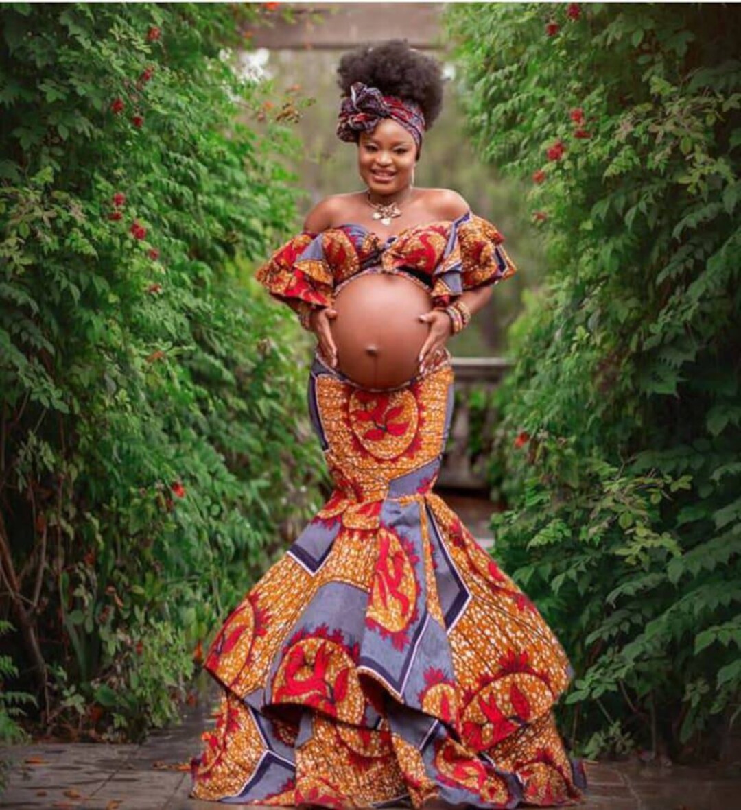 Ankara Maternity 2 Piece Set, Flare Sleeve Top, Fit and Flare Skirt