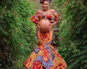 Ankara maternity 2 piece set, flare sleeve top, fit and flare skirt African Maternity Outfit, Baby shower Dress, Pregnancy photoshoot set