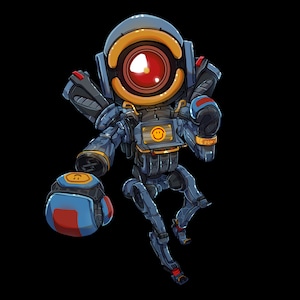 May include: A blue and yellow robot with a large red eye and a smiley face on its chest. The robot has two arms, one holding a blue and red boxing glove. The robot is standing on one leg and has a second leg bent behind it.