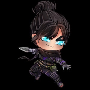 May include: A chibi style illustration of a female character with black hair, a black and purple outfit, and bright blue eyes. She is holding a knife and has a determined expression.