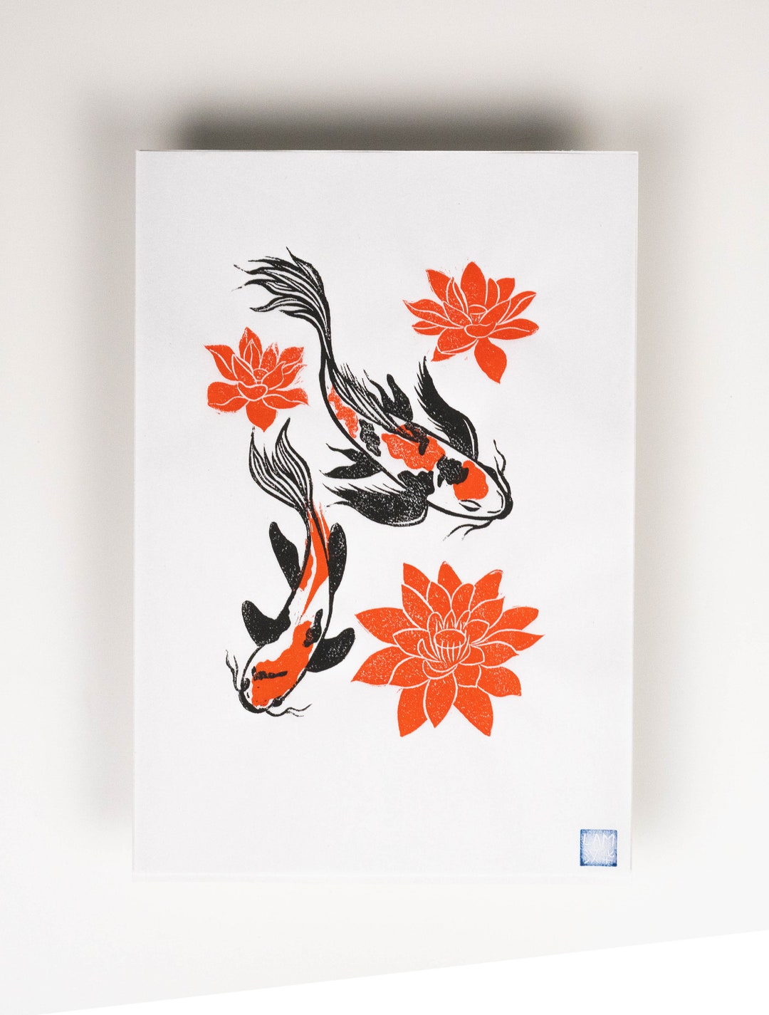 Original Art Linocut Two Layer Koi Fish and Lotus Print, Red and Black ...